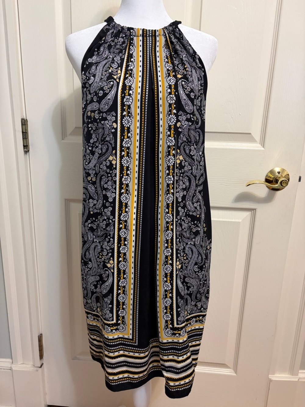 Max Studio Black and White Paisley-Striped Midi Halter Dress with Gold Accents